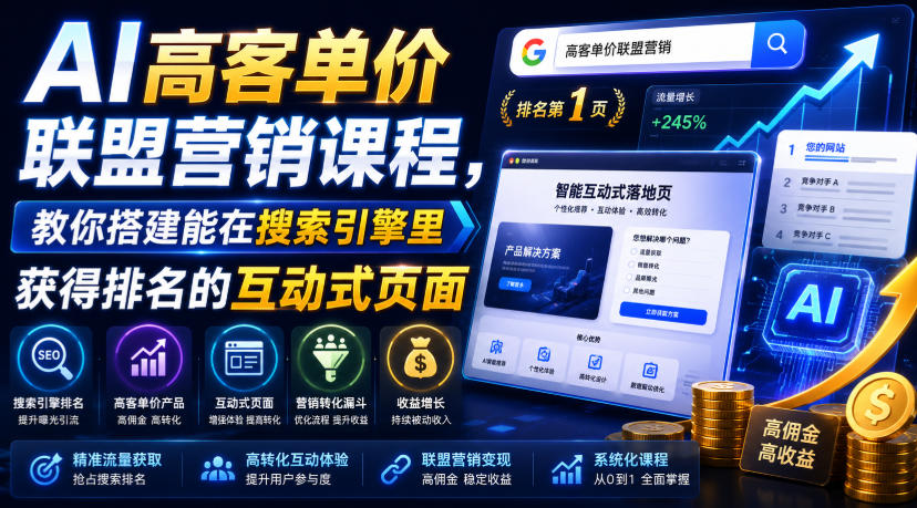 AI高客单价联盟营销课程，教你搭建能在搜索引擎里获得排名的互动式页面，引来流量，把访客转化为高佣金的成交【原创双语字幕】-航海圈