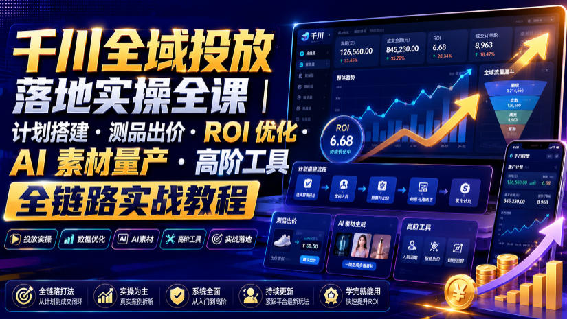 千川全域投放落地实操全课｜计划搭建・测品出价・ROI优化・AI素材量产・高阶工具全链路实战教程-航海圈