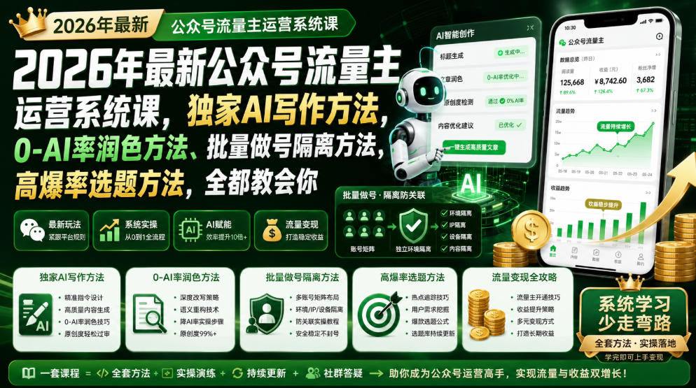 2026年最新公众号流量主运营系统课，独家AI写作方法，0-AI率润色方法、批量做号隔离方法、高爆率选题方法，全都教会你-航海圈