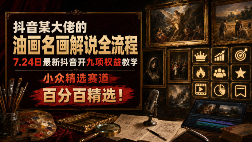 抖音某大佬的油画名画解说全流程，7.24日最新抖音开九项权益教学，小众精选赛道，百分百精选！-航海圈