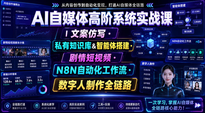 AI自媒体高阶系统实战课｜文案仿写・私有知识库&智能体搭建・剧情短视频・N8N自动化工作流・数字人制作全链路-航海圈