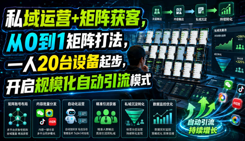 私域运营+矩阵获客，从0到1矩阵打法，一人20台设备起步，开启规模化自动引流模式！-航海圈