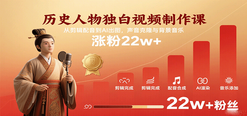 历史人物独白视频制作课，从剪辑配音到AI出图，声音克隆与背景音乐，涨粉22w+-航海圈