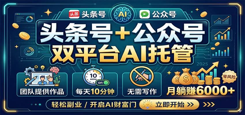 头条号+公众号双平台AI托管,团队提供作品,每天10分钟,月躺赚6000+-航海圈