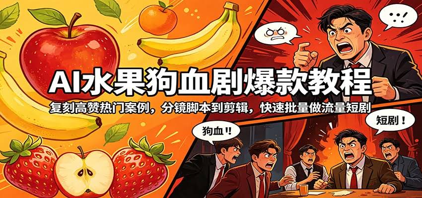 AI水果狗血剧爆款教程：复刻高赞热门案例，分镜脚本到剪辑，快速批量做流量短剧-航海圈