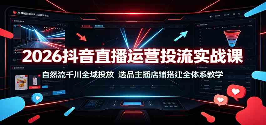 2026抖音直播运营投流实战课：自然流千川全域投放，选品主播店铺搭建全体系教学-航海圈