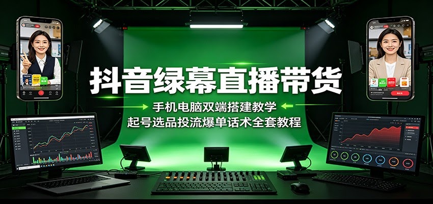 抖音绿幕直播带货：手机电脑双端搭建教学，起号选品投流爆单话术全套教程-航海圈
