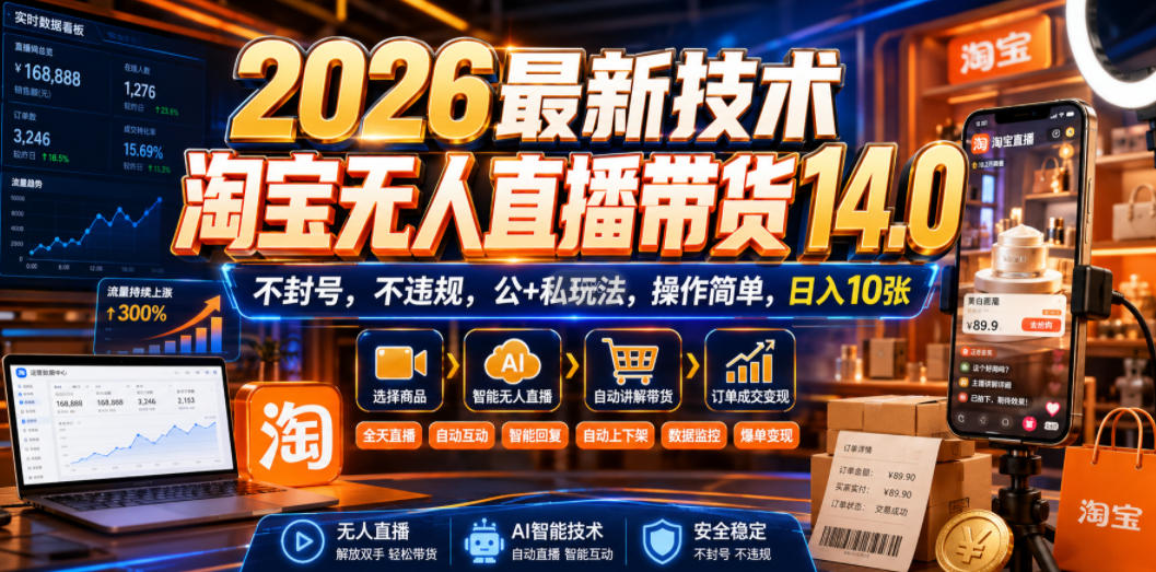 2026最新技术，淘宝无人直播带货14.0，不封号，不违规，公+私玩法，操作简单，日入10张【揭秘】-航海圈