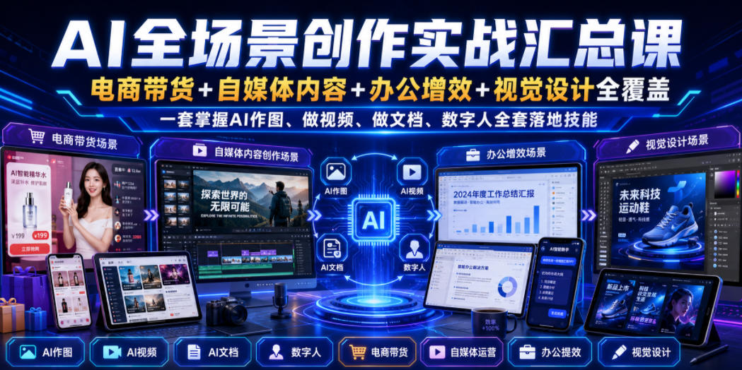 AI全场景创作实战汇总课｜电商带货+自媒体内容+办公增效+视觉设计全覆盖，一套掌握AI作图、做视频、做文档、数字人全套落地技能-航海圈