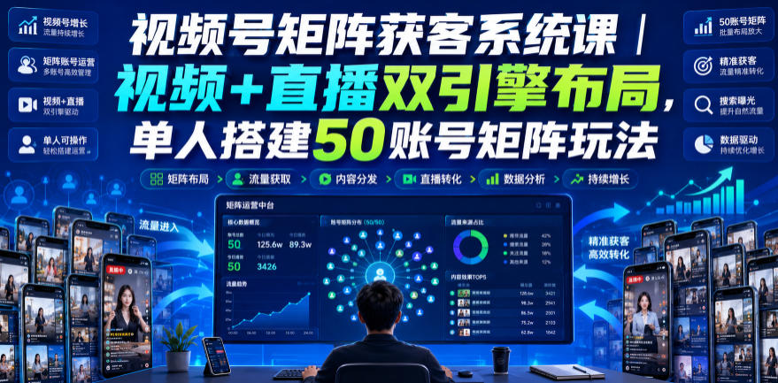 视频号矩阵获客系统课｜视频+直播双引擎布局，单人搭建50账号矩阵玩法，流量入池、搜索占位、全域引流沉淀私域全流程教学-航海圈