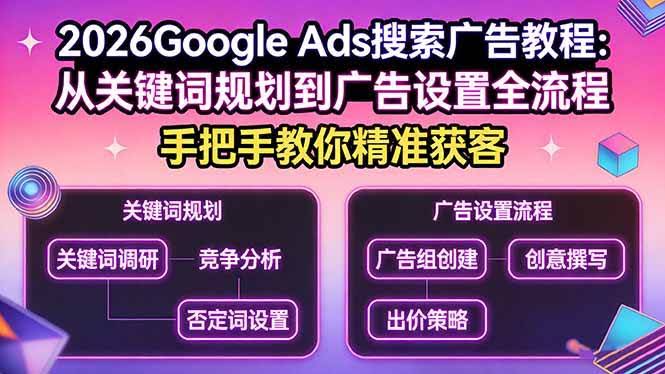 (17641期)2026Google Ads搜索广告教程:从关键词规划到广告设置全流程,手把手教你精准获客-航海圈