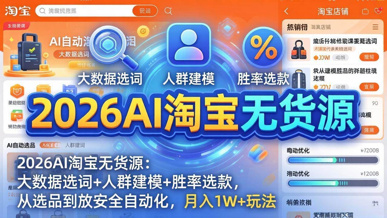 (17812期)2026AI淘宝无货源:大数据选词+人群建模+胜率选款,从选品到放大全自动化,月入1W+玩法-航海圈