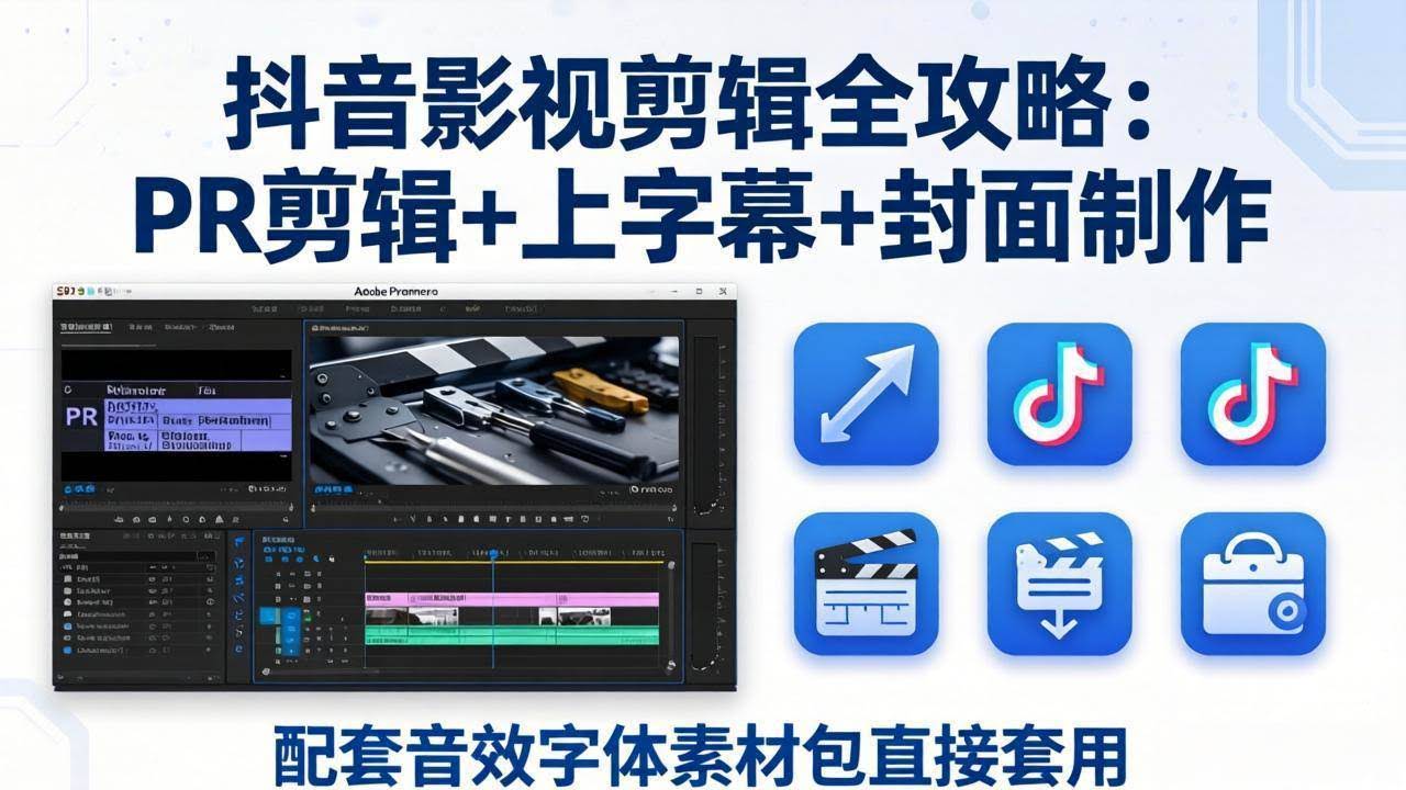(17868期)抖音影视剪辑全攻略:PR剪辑+上字幕+封面制作,配套音效字体素材包直接套用-航海圈