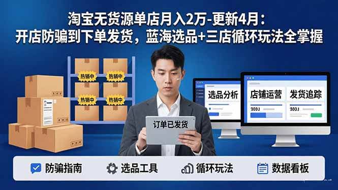 (17988期)淘宝无货源单店月入2万-更新4月:开店防骗到下单发货,蓝海选品+三店循环玩法全掌握-航海圈