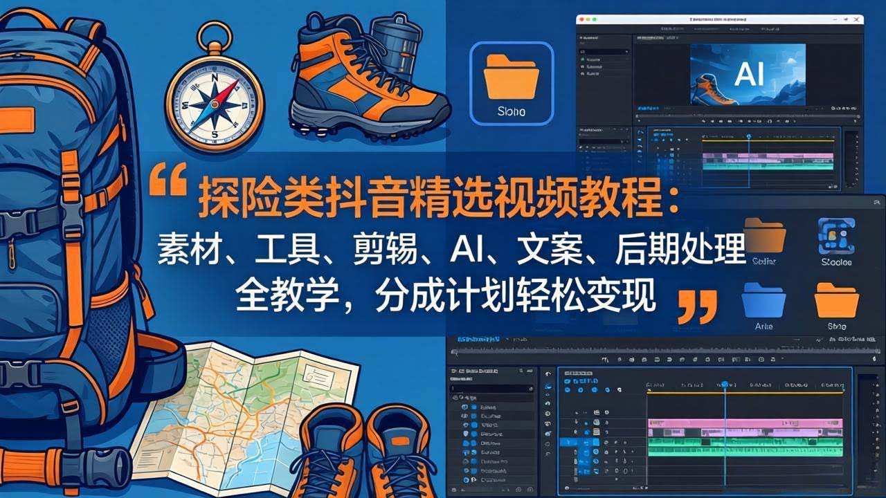 (17994期)探险类抖音精选视频教程:素材、工具、剪辑、AI、文案、后期处理全教学,分成计划轻松变现-航海圈