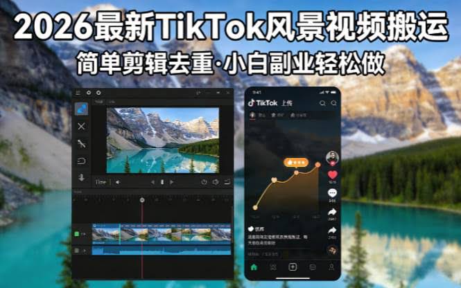 (18001期)2026最新TikTok风景视频搬运简单剪辑去重小白副业月入 8000-航海圈