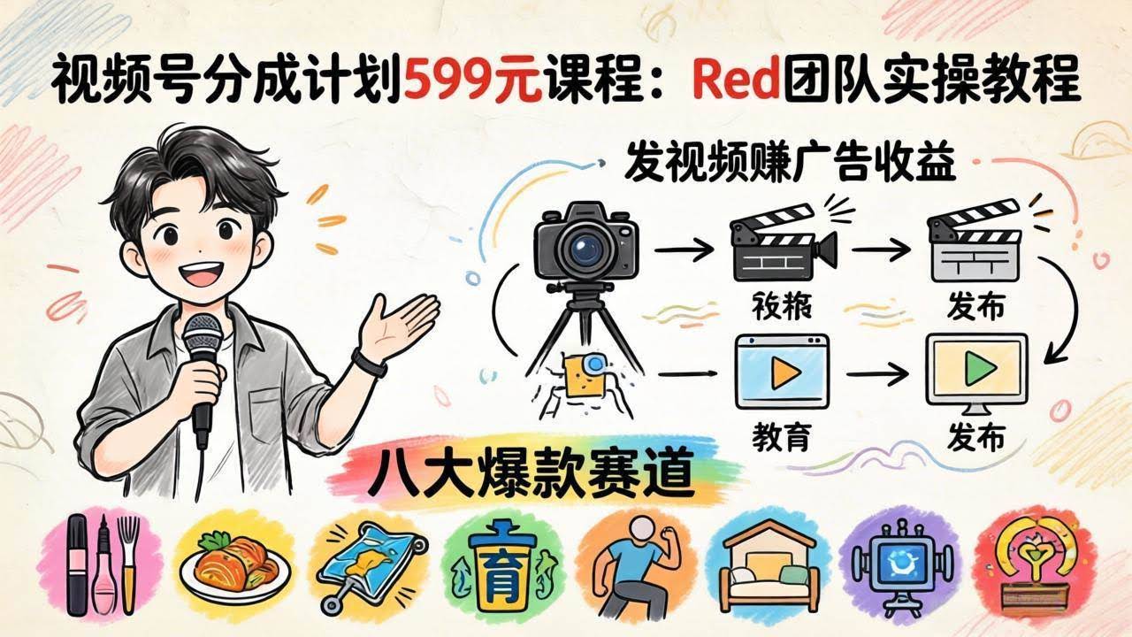 (18088期)视频号分成计划599元课程:Red团队实操教程,发视频赚广告收益,八大爆款赛道全掌握-航海圈