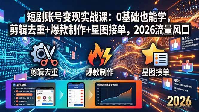 (18160期)短剧账号变现实战课:0基础也能学,剪辑去重+爆款制作+星图接单,2026流量风口-航海圈