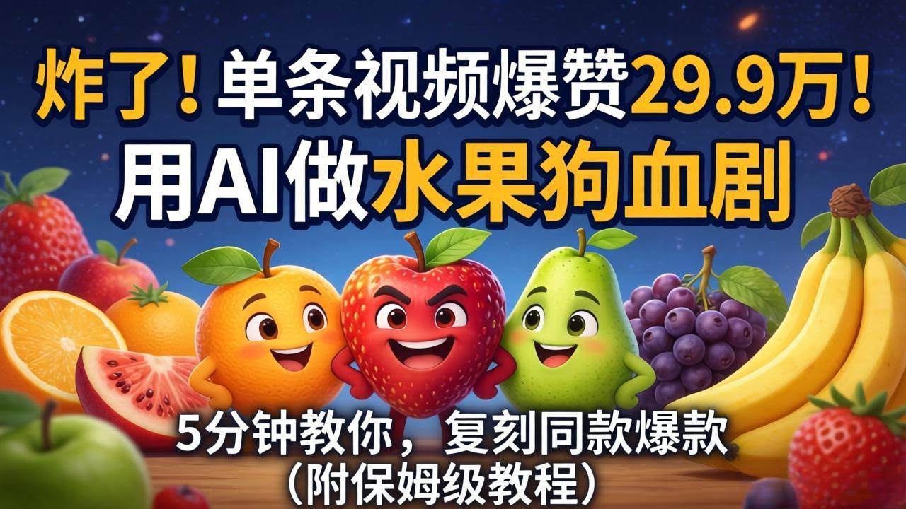 （18206期）炸了！单条视频爆赞 29.9 万！用 AI 做水果狗血剧，5 分钟教你，复刻同款爆款（附保姆级教程）-航海圈