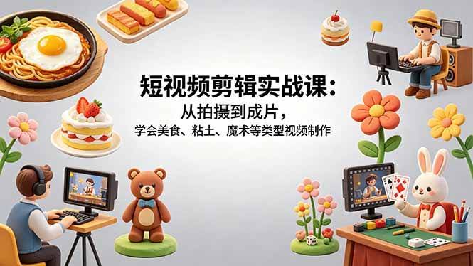 (18375期)短视频剪辑实战课:从拍摄到成片,学会美食、粘土、魔术等类型视频制作-航海圈