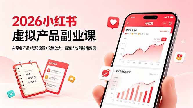 (18449期)2026小红书虚拟产品副业课,AI原创产品+笔记流量+投流放大,普通人也能稳定变现-航海圈