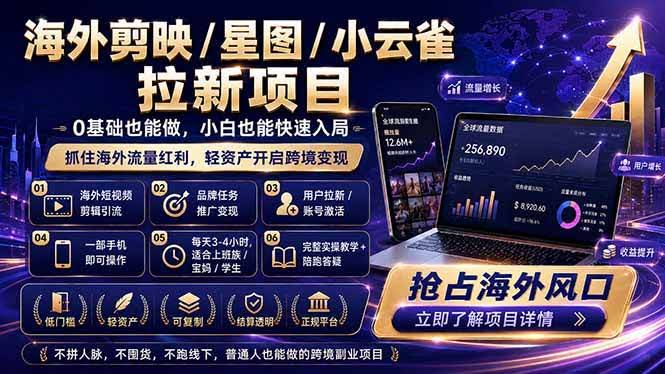 (18567期)海外剪映 / 星图 / 小云雀拉新项目 普通人也能上手的跨境流量变现副业-航海圈