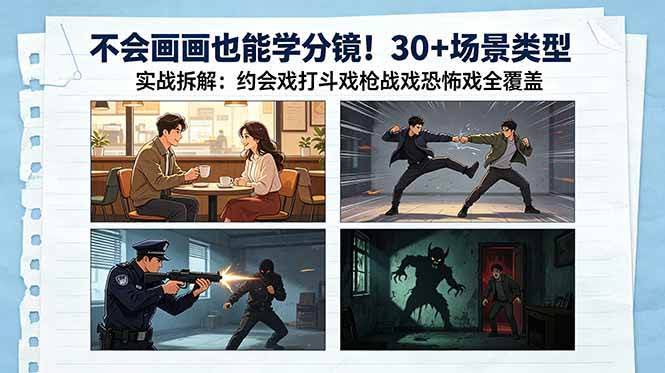 (18591期)不会画画也能学分镜!30+场景类型实战拆解:约会戏打斗戏枪战戏恐怖戏全覆盖-航海圈