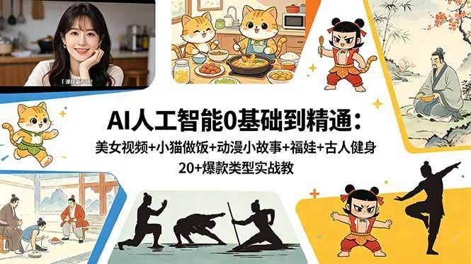 (18685期)AI人工智能0基础到精通:美女视频+小猫做饭+动漫小故事+福娃+古人健身,20+爆款类型实战教学-航海圈