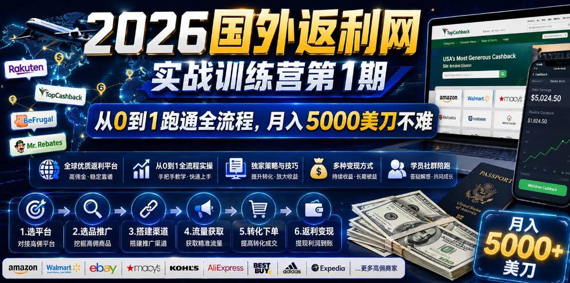 (18807期)2026国外返利网实战变现营-第一期,从零拆解项目逻辑与流程,跑通完整变现链路,月入5000美金-航海圈