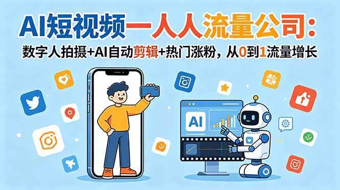 (18864期)AI短视频一人流量公司:数字人拍摄+AI自动剪辑+热门涨粉,从0到1流量增长-航海圈