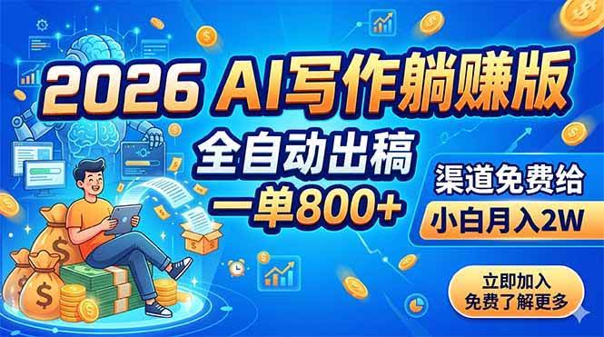 (18885期)2026 AI写作躺赚版:全自动出稿,一单800+,渠道免费给,小白月入2W-航海圈