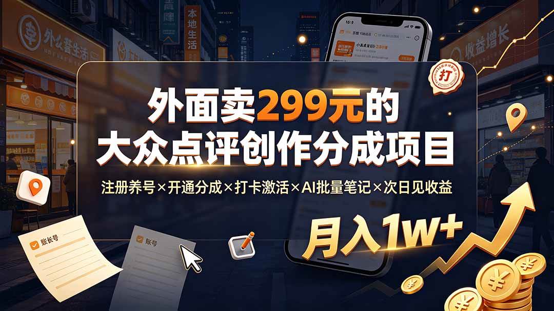 (19488期)外面卖299元的大众点评创作分成项目:注册养号×开通分成×打卡激活×AI批量笔记×次日见收益,月入1w+-航海圈