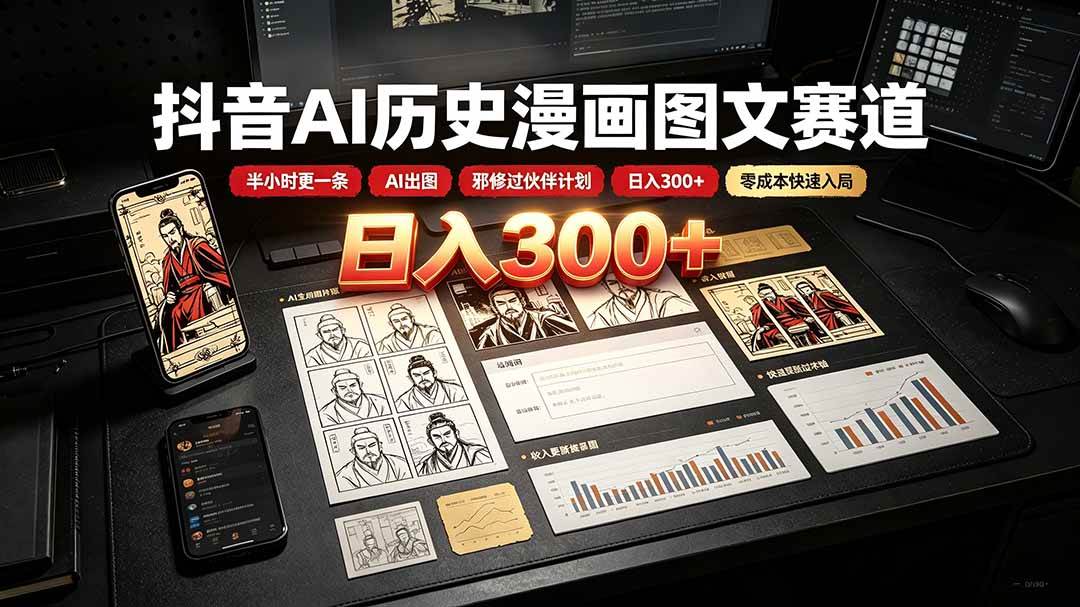 （19498期）抖音AI历史漫画图文赛道：半小时更一条×AI出图×邪修过伙伴计划×日入300+，零成本快速入局-航海圈