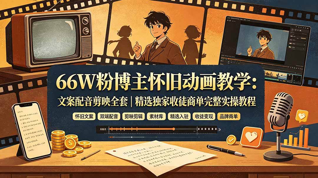 (19499期)66W粉博主怀旧动画教学:文案配音剪映全套|精选独家收徒商单完整实操教程-航海圈