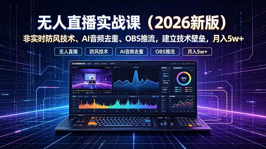 (19525期)无人直播实战课(更新7月),非实时防风技术、AI音频去重、OBS推流,建立技术壁垒,月入5w+-航海圈