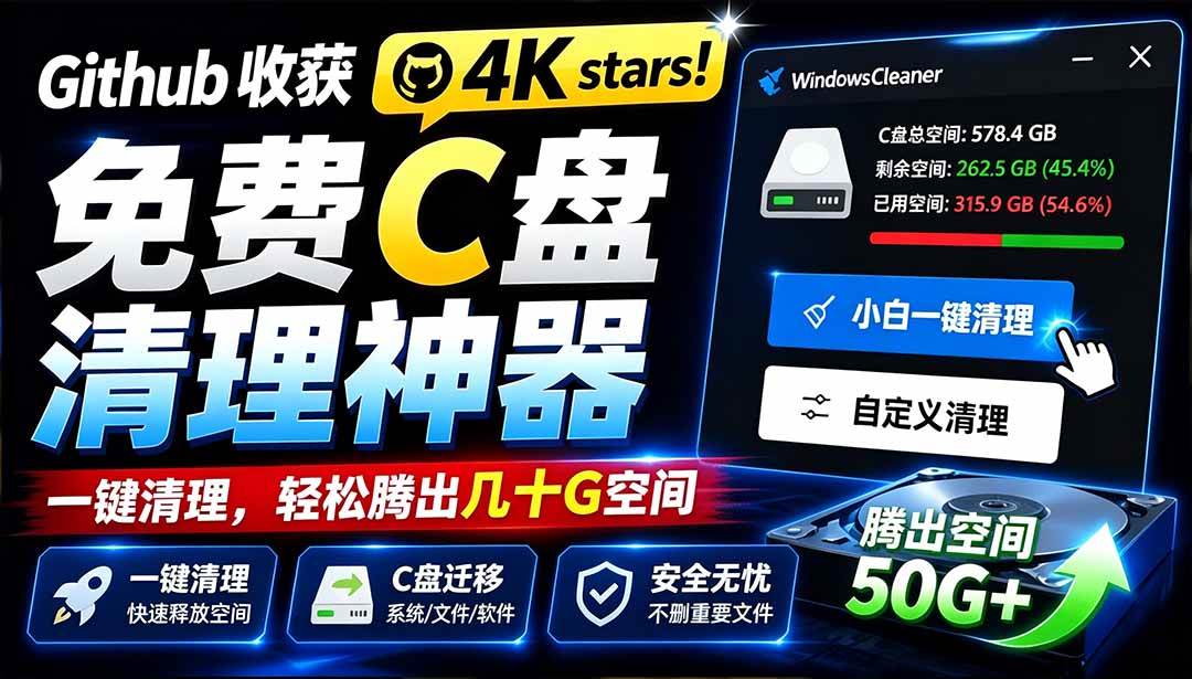 (19528期)Github收获 4K stars!免费C盘清理神器,轻松腾出几十G空间,支持C盘迁移 Windows Cleaner-航海圈