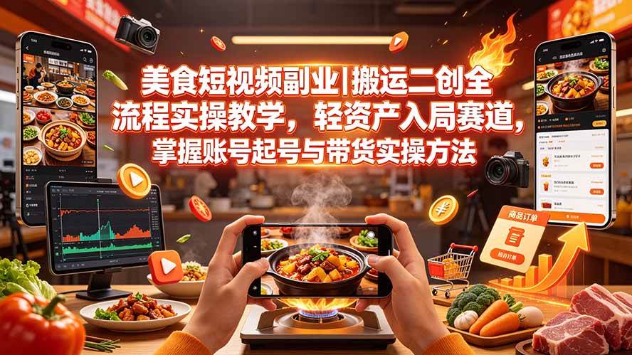 （19535期）美食短视频副业｜搬运二创全流程实操教学，轻资产入局赛道，掌握账号起号与带货实操方法-航海圈