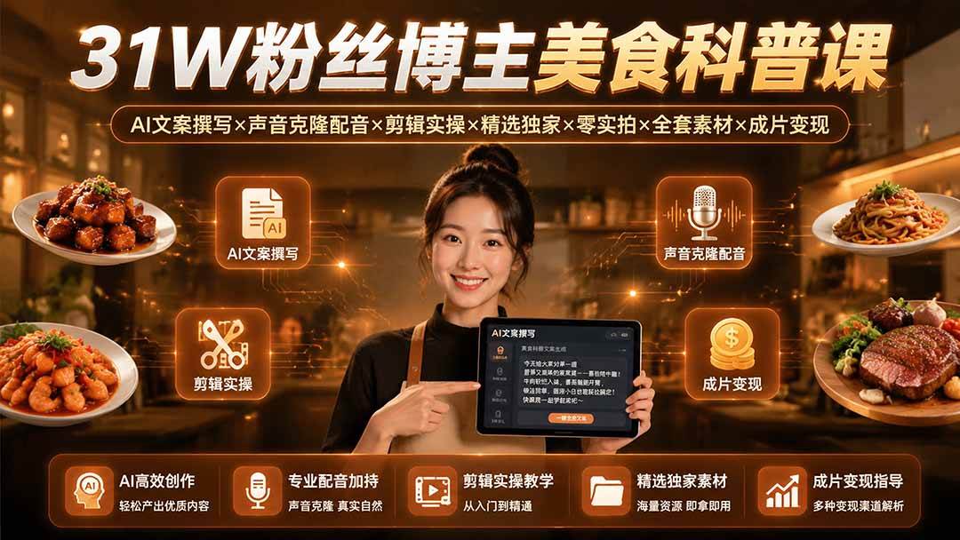 (19558期)31W粉丝博主美食科普课:AI文案撰写×声音克隆配音×剪辑实操×精选独家×零实拍×全套素材×成片变现-航海圈