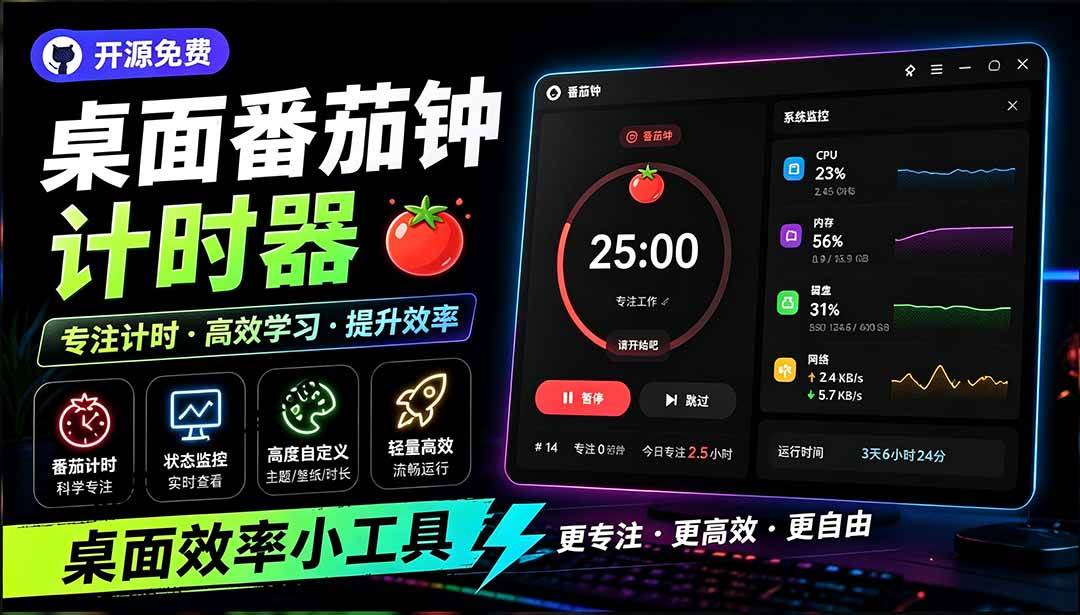 （19564期）仅1.16MB，开源极简的桌面时钟、番茄钟计时器，还支持系统监控显示，桌面效率小工具 Catime-航海圈
