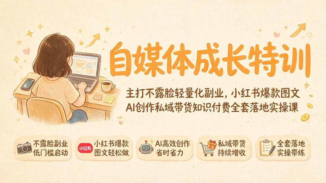 (19584期)自媒体成长特训|主打不露脸轻量化副业,小红书爆款图文AI创作私域带货知识付费全套落地实操课-航海圈
