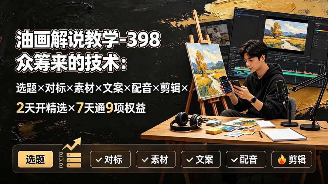 (19587期)油画解说教学-398众筹来的技术-刯新:选题×对标×素材×文案×配音×剪辑×2天开精选×7天通9项权益-航海圈