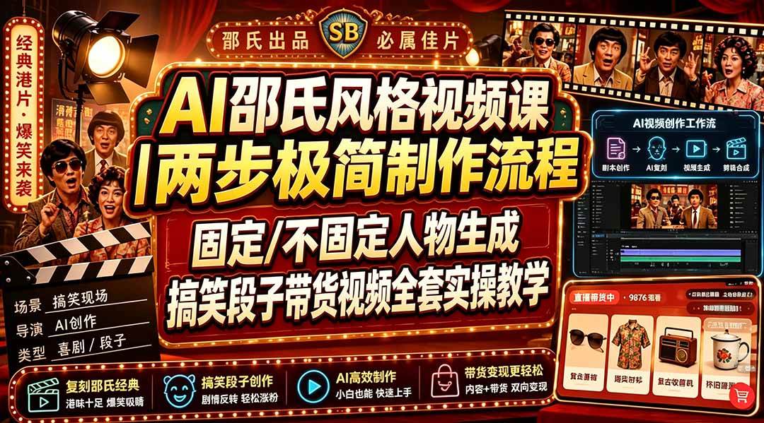 (19602期)AI邵氏风格视频课|两步极简制作流程,固定/不固定人物生成,搞笑段子带货视频全套实操教学-航海圈