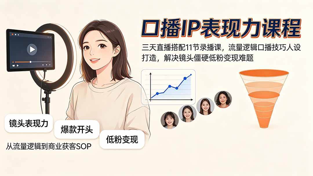 (19604期)口播IP表现力课程|三天直播搭配11节录播课,流量逻辑口播技巧人设打造,解决镜头僵硬低粉变现难题-航海圈