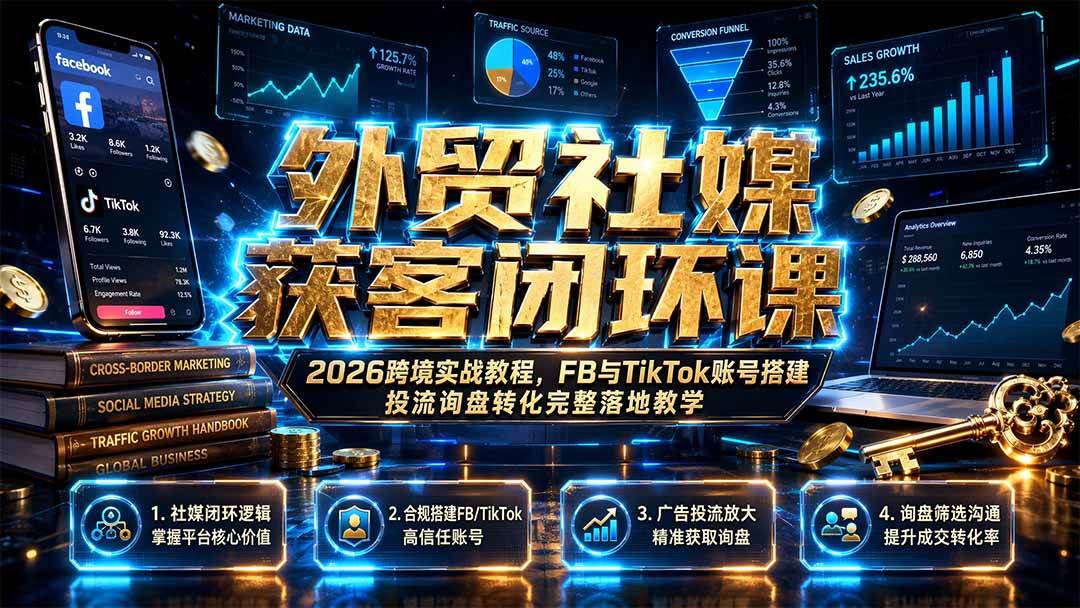(19611期)外贸社媒获客闭环课|2026跨境实战教程,FB与TikTok账号搭建投流询盘转化完整落地教学-航海圈