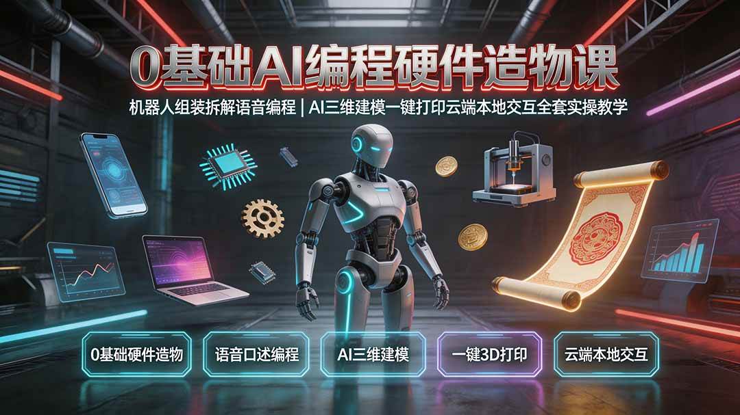 (19612期)0基础AI编程硬件造物课|机器人组装拆解语音编程,AI三维建模一键打印云端本地交互全套实操教学-航海圈