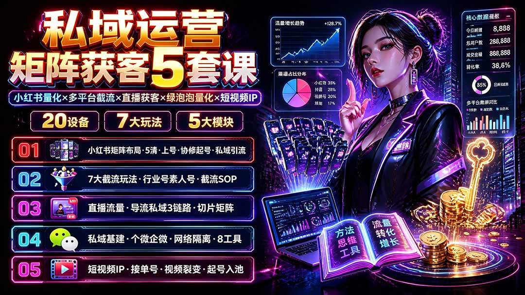 (19617期)私域运营矩阵获客5套课:小红书量化×多平台截流×直播获客×绿泡泡量化×短视频IP×20设备×7大玩法-航海圈