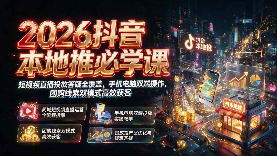 (19618期)2026抖音本地推必学课|短视频直播投放答疑全覆盖,手机电脑双端操作,团购线索双模式高效获客-航海圈