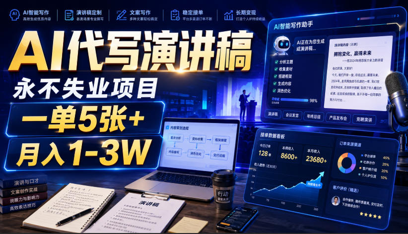 AI代写演讲稿，永不失业项目，一单5张+，月入1-3W【揭秘】-航海圈
