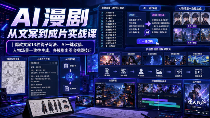 AI漫剧从文案到成片实战课｜爆款文案13种钩子写法、AI一键改稿、人物场景一致性生成、多模型出图出视频技巧-航海圈