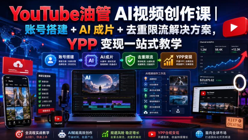 YouTube油管AI视频创作课｜账号搭建+AI成片+去重限流解决方案，YPP变现一站式教学-航海圈